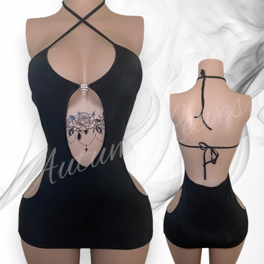 Sexy Black Strappy Cutout Chemise Nightdress